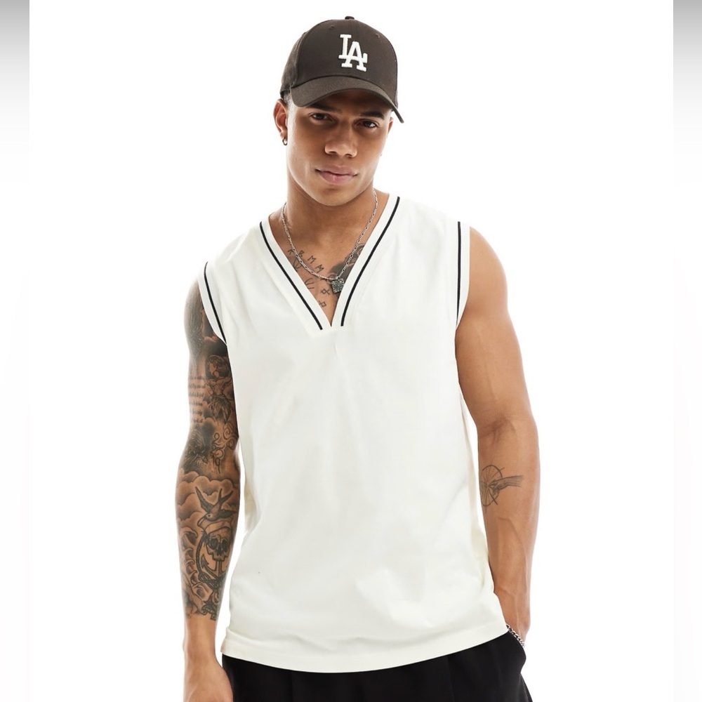ASOS DESIGN relaxed tank top with v-neck in beige size XS